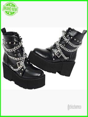 Chunky Platform Combat Ankle Booties with Zipper Punk Boots Mid Calf